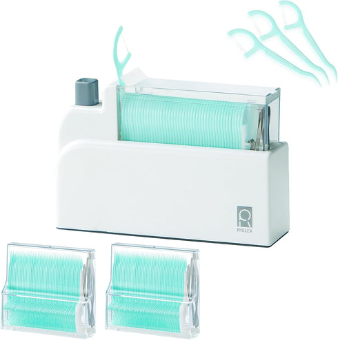 Floss Pick Dispenser with 40 Count Double Thread Flossers and 2 Boxes of Replacement Cores, Cleaning Teeth More Deeply, Sealed Storage (Green)...