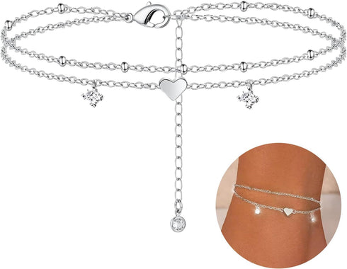 Anklet Bracelets for Women, Layered Heart Ankle Bracelet Silver Plated Cubic Zirconia & Heart Charm Anklets for Women, Summer Foot Jewelry Anklets...