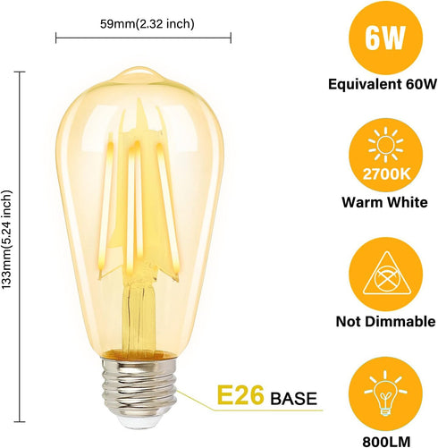 BoostArea LED Light Bulb, Pack of 2 LED Edison Bulb, 6 Watt Light Bulbs (60W Equivalent), 800 Lumens, 2700K Warm White, CRI 80+, 120V, E26 Base Le...