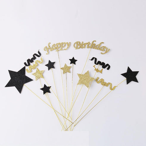 Handmade Black and Glod Glitter Pentacle Pentacle Cake Toppers Happy Birthday Cake Bunting Topper Paper, Birthday Party Decoration...