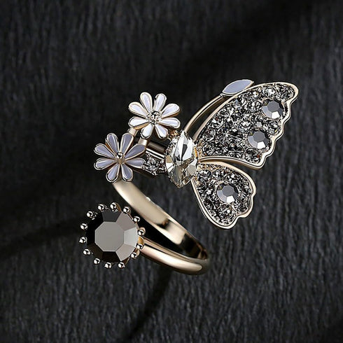 Kokoma Black Crystal Butterfly Ring for Women Cubic Zirconia Daisy Flower Open Statement Rings Wrap Finger Band Engagement Promise Rings...
