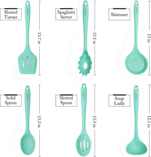 Culinary Couture Aqua Sky Silicone Cooking Utensils Set - Sturdy Steel Inner Core - Spatula, Mixing & Slotted Spoon, Ladle, Pasta Server, Drainer ...