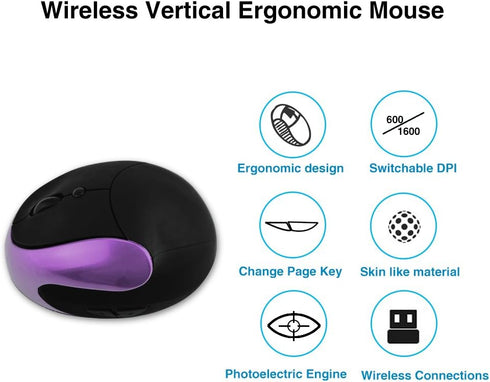 Ergonomic Wireless Mouse, 2.4GHz, 4 Adjustable DPI, Rechargeable Li-Ion Battery, 6 Buttons, Purple...
