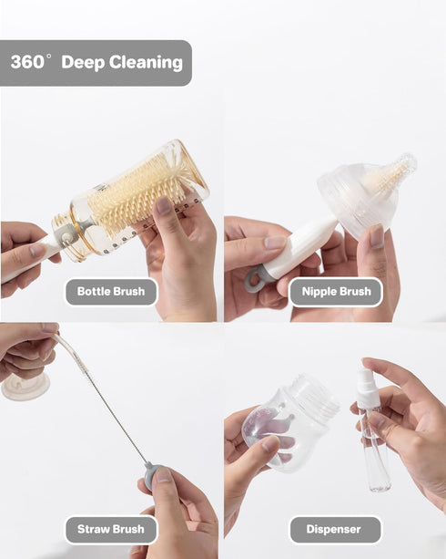 Travel Bottle Cleaner Kit, 6-in-1 Baby Bottle Brush with Silicone Bottle Brush, Nipple Brush, Straw Brush, Drying Rack, Dispenser, Organizer, Baby...
