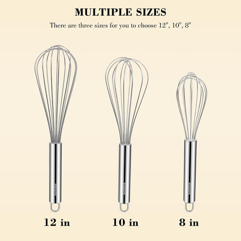 NileHome Stainless Steel Whisk Set 8" 10" 12" Kitchen Whisk Balloon Whisk Kitchen Wisk Wire Whisks for Cooking, Whisking, Blending, Beating, Stirr...