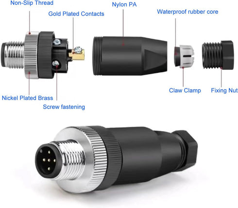 Eonvic M12 4 Pin Male Connector, 12mm A Code Industrial Circular Connector, Unshiled Field Assembly Wireable Sensor IP67 250V 4A AC/DC Straight 2p...