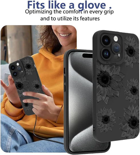 OOK Floral case for iPhone 15 Pro Max Case, Cute Sunflower Floral Blooms Design Soft TPU Shockproof Protective for Women girls Phone Cover - Black...
