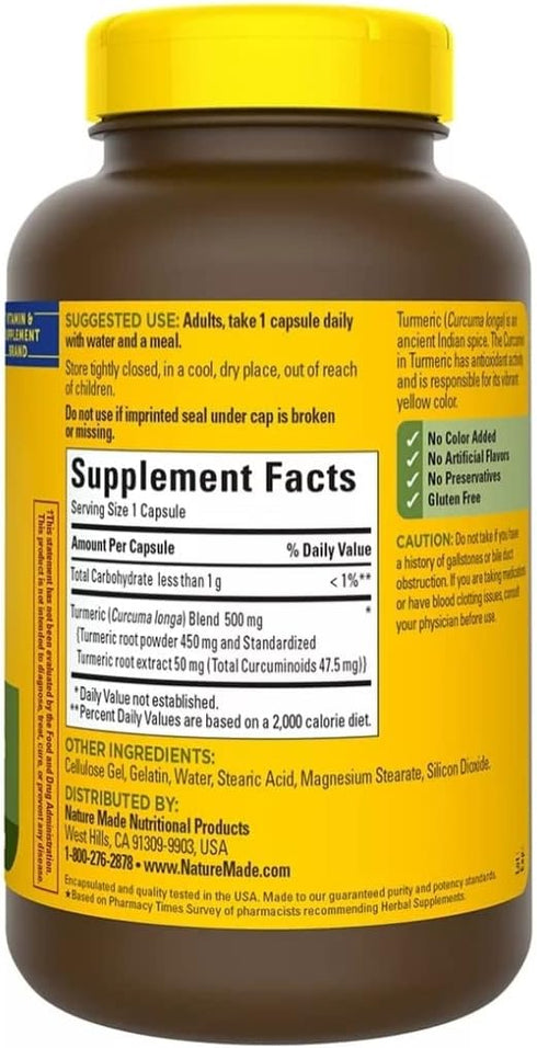 Nature Made Turmeric Curcumin 500 milligram. Capsules (Antioxidant) Value Size 180 Ct...