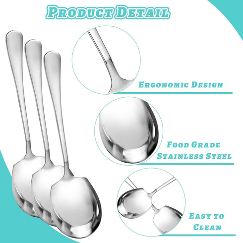 3 Pcs Large Serving Spoons, Stainless Steel Serving Spoon, Spoons Table Spoons, Long Handle Soup Spoons, Large Serving Tablespoons, Serving Spoons...