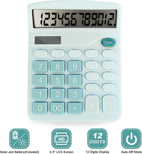 Basic Calculator with Comfortable Large LCD Display, 12 Digits Calculators Desktop, Tilt Screen, Big Button, Desk Calculator with Dual Power (Sola...