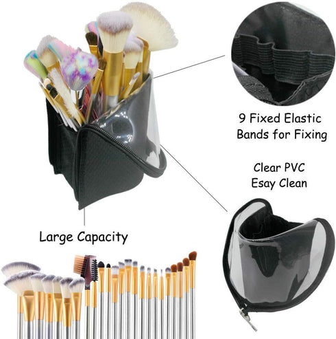 ANEMEL Black Travel Makeup Brush Holder 2-Pack, Organizer Bag Clear Plastic Cosmetic Zipper Pouch Portable Waterproof Dust-Free Stand-Up Small Toi...