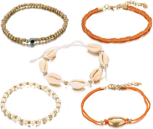 Boho Layered Anklets Shell Ankle Bracelets Gold Beaded Ankle Chain Evil Eyes Braided Rope Handmade Foot Chains Beach Foot Jewelry Sand designed el...
