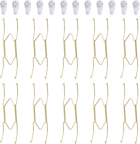 10-Piece Brass Plate Wall Hangers, 8 Inch Invisible Decorative Plate Holders, Comes with 12-Piece Wall Hooks...