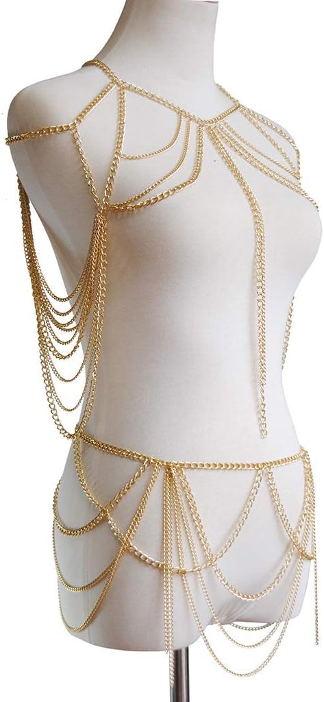 Yixin Women's metal body chain set Indian belly chain Bohemian jewelry bikini Halloween Costume Party (gold)...