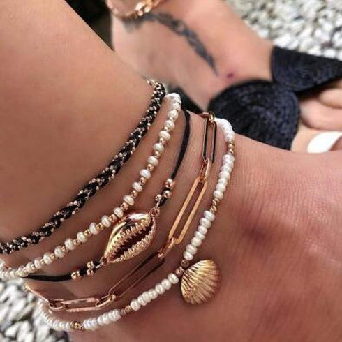 Bohemia Shell Charm Pendant Anklet Set 5Pcs Black Leather Chain Braided String Pearl Beaded Ankle Bracelet Boho Beach Jewelry for Women...