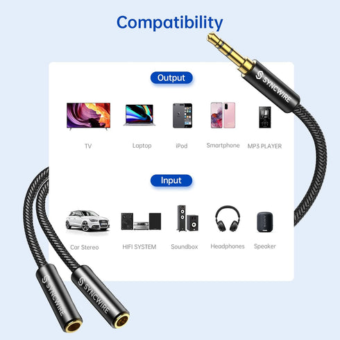 Syncwire Headphone Splitter, Nylon-Braided Extension Cable Audio Stereo Y Splitter (Hi-Fi Sound), 3.5mm Male To 2 Ports 3.5mm Female Headset Split...