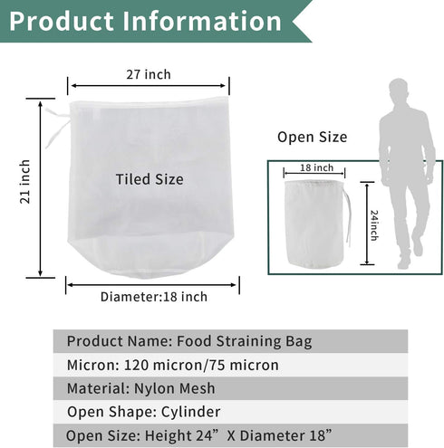 12"x18" Nylon Mesh Strainer Bags for Almond Nut Milk, Greek Yogurt, Home Beer Wine Brewing 180 Micron...