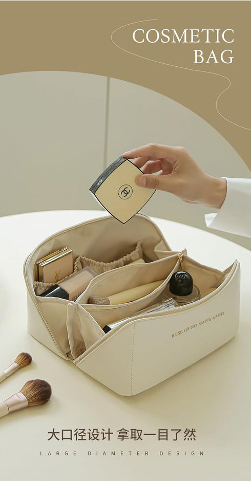 Portable PU Leather Cosmetic Bag Travel Makeup Bag Large Capacity Travel Cosmetic Bag Waterproof Makeup Organizer Bags for Women with Handle and D...