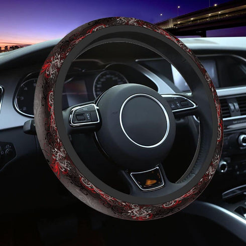 Swono Car Steering Wheel Covers Red Black Floral Beautiful Floral at The Border Creative Design Universal for Women Girls Soft Neoprene Anti-Slip ...