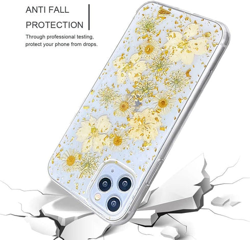Abbery Designed for iPhone 11 Pro Max Pressed Flower Case, Cute Bling Glitter Sparkle Clear with Design Soft Silicone TPU Rubber Dried Real Floral...