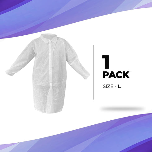 AMZ Disposable Lab Coat L. 35 GSM PP White Disposable Lab Coats for Adults. 1 Pack Knee-length Lab Coat with Long Sleeves, Elastic Wrists, Loop Fa...