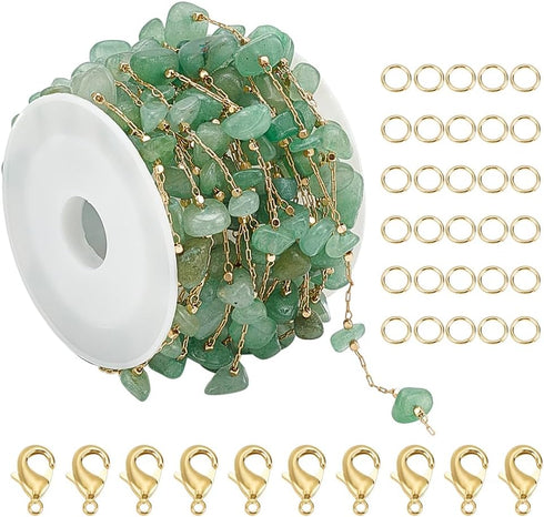 WADORN 5 Yard Natural Green Aventurine Jewelry Set Making Kit, Aventurine Stone Chain Spool Necklace Chains Bulk Green Gemstone Beaded Link Chain ...