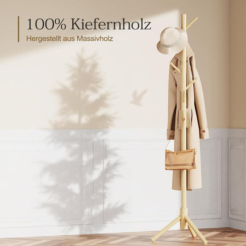 Pipishell Coat Rack Sturdy Wooden Coat Rack Stand, Adjustable Coat Tree, Free Standing Tree Hanger with 4 Sections & 8 Hooks, for Home/Bedroom/Off...