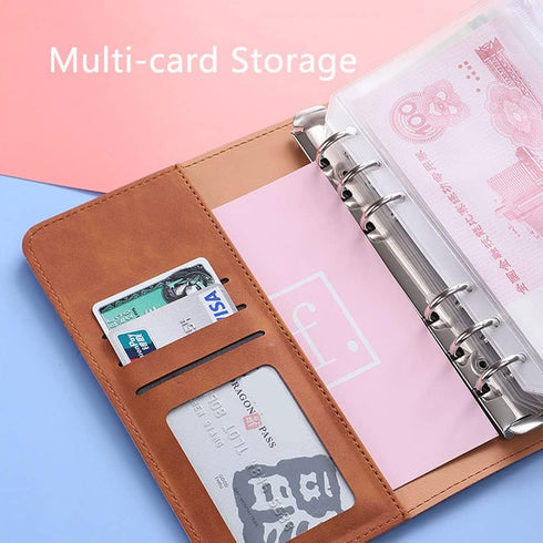 A6 PU Leather Notebook Binder Refillable 6 Ring Budget Binder for A6 Filler Paper, Loose Leaf Personal Planner Binder Cover with Buckle Closure-Br...