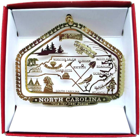North Carolina State Brass Christmas Ornament Raleigh Charlotte Roanoke Kitty Hawk Winston Salem Durham Great Smokys by Nations Treasures...