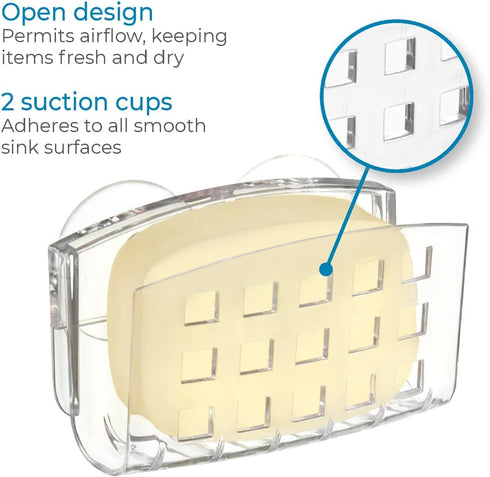 iDesign BPA-Free Plastic Sponge Holder for Kitchen Sink with Suction Cups, Ideal for Kitchen Sinks and Bathroom Organization, 3.75" x 2" x 2", Cle...