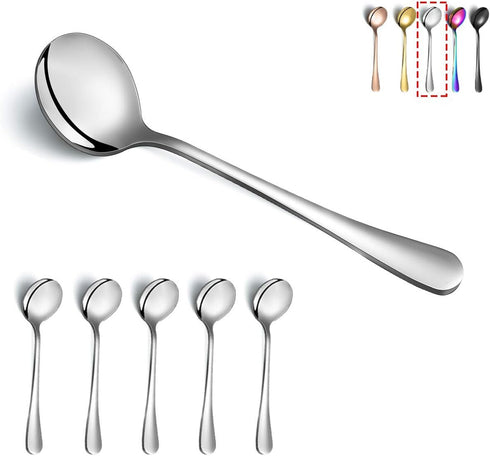 Kyraton 6-Piece Stainless Steel Round Soup Spoons - Dinner & Table Spoons, Silverware Set, Dishwasher Safe...
