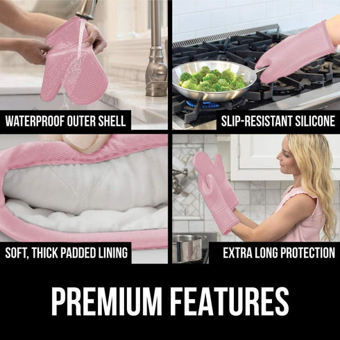 Gorilla Grip Heat and Slip Resistant Silicone Oven Mitts Set, Soft Cotton Lining, Waterproof, BPA-Free, Long Flexible Thick Gloves for Cooking, BB...