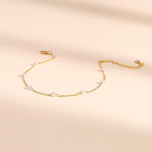 Ankle Bracelets for Women,Dainty Gold Anklet 14k Gold Plated Summer Pearl Anklets for Women Waterproof Non Tarnish Pearl Anklet Set Cute Beded Cha...