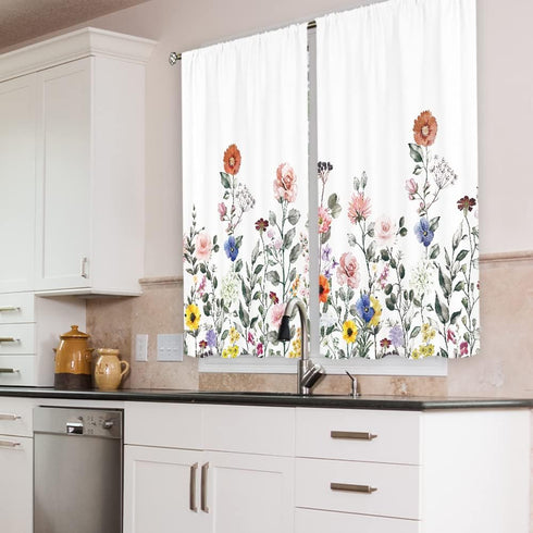 Cinbloo Watercolor Floral Kitchen Curtain Flower Cafe Curtain Rod Pocket 27.5W x 39L Rustic Plants Spring Blossom for Girl Woman Botanical Wildflo...