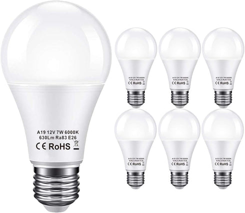 12V LED Light Bulb 60Watt Equivalen E26 7W 630Lm 12 Volt Low Voltage Lights AC/DC 11-18V A19-12volt RV Marine Boat Landscape Lighting-6 Pack(6000K...