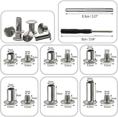 110 Sets 6 Sizes Chicago Screws Assorted Kit Flat Head Stud Screws Metal Leather Rivets Leather Craft Screw Studs Screw Rivets for DIY Craft...