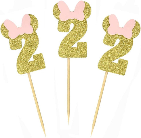 Morndew 24 PCS Gold Pink Glitter Number 2 Cupcake Toppers for Baby Girl Second Birthday Party Wedding Party Decorations...