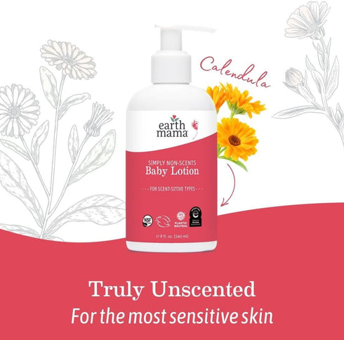 Earth Mama Simply Non-Scents Baby Lotion for Dry Skin, Calendula Cream, Skin Care for Kids, Organic Moisturizer, Unscented Lotion with Aloe, Rooib...