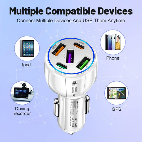 5-Port USB Car Charger,75W Type C Car Charger Fast Charge, Car Accessories Cigarette Lighter USB Charger Compatible with iPhone 14/13/12/Mini/Pro/...
