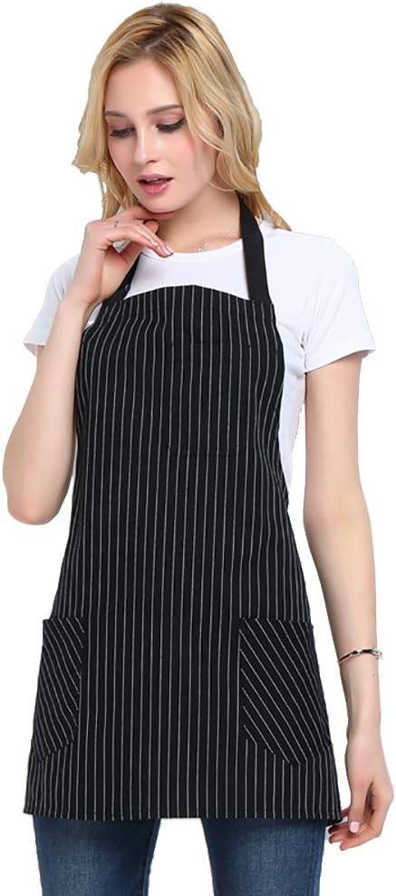 Somotersea Kitchen Apron with Pockets Adjustable Bib Apron for Cooking Pinstripe...