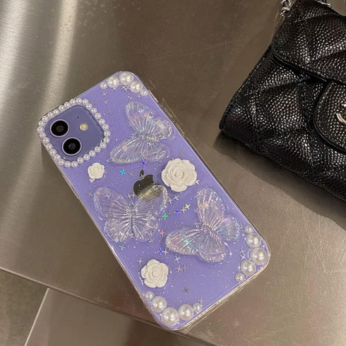 for iPhone 12/12 Pro Case with Phone Charm Chain 3D Butterfly Flower Cute Phone Case,Crystal Clear Pearl Case for iPhone 12/12 Pro Women Girl...