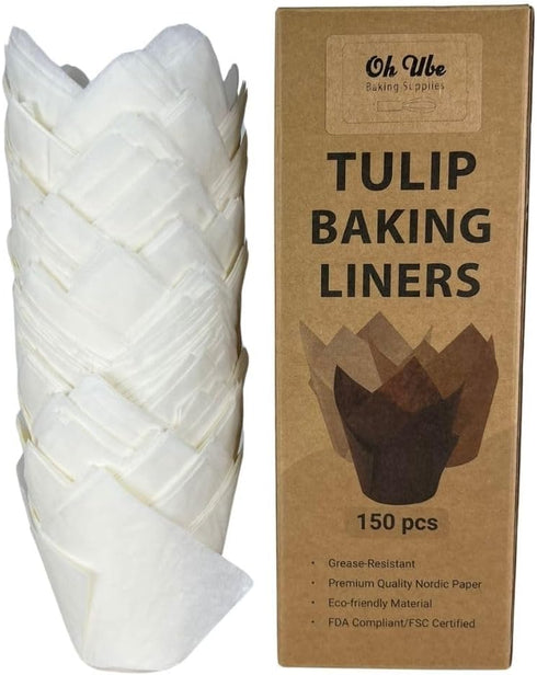 150-Pack Nordic Paper White Tulip Muffin Liners - Odorless, Non-toxic, Grease-Resistant, White Cupcake Baking Cups for Standard Size Muffin Pans f...