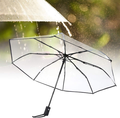 Tri-fold Clear Rain Umbrella with Frosted Handle Transparent Umbrella, for Portable to Carry for Travel(Black)...