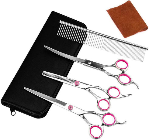 Pet Dog Grooming Scissors Set 4 Pcs Stainless Steel Professional Pet Trimmer Kit-6 inch Straight Cutting Scissors, Thinning Shears, Curved Scissor...