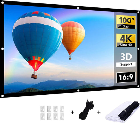 Projector Screen 100 inch, 4K Movie Projector Screen 16:9 HD Foldable and Portable Anti-Crease Indoor Outdoor Double Sided Video Projector Screen ...