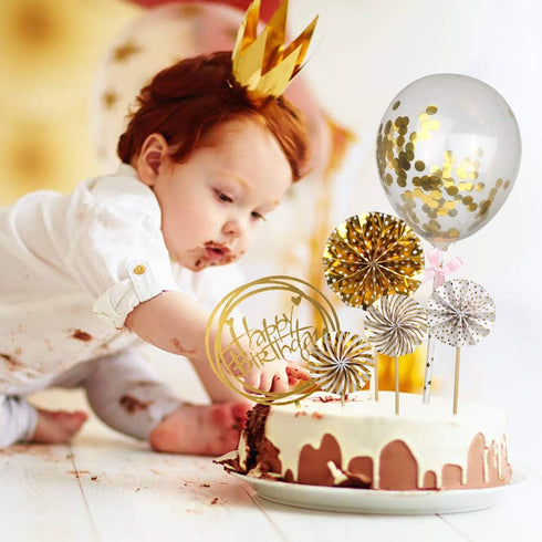 DIYASY Gold Happy Birthday Cake Topper Kit, Confetti Balloon Paper Fans Acrylic Cake Toppers for Birthday Cake Decoration 6 Pcs...