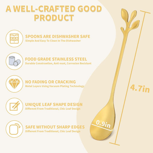20 Pack Stainless Steel Leaf Coffee Spoon Tableware Dessert Spoons, Stirring, Mixing, Sugar, Stir, Ice Cream, Cake, Teaspoon 4.7 inch Gold...