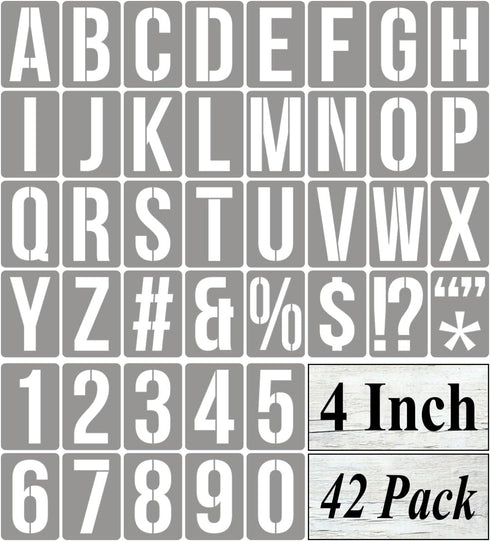 4 Inch Alphabet Letter Stencils for Painting - 42 Pack Letter and Number Stencil Templates with Signs for Painting on Wood, Reusable Numbers and L...
