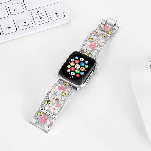 Floral Bracelet Compatible with Apple Watch Band 42mm 44mm 45mm 46mm 49mm iWatch Series 10 9 8 7 SE,Bling Crystal Hollow Metal Strap,Cute Women Dr...
