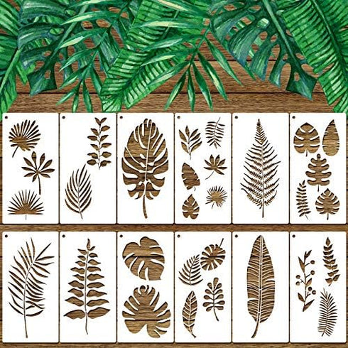 12 Pieces Tropical Fern Leaf Painting Stencils Large Reusable Palm Turtle Leaf Wall Stencil Flexible Botanical Leaves Template Set Crafts for Furn...